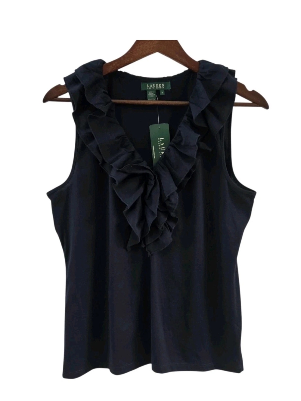 Lauren Ralph Lauren Navy Blue Ruffle Jabot Sleeveless Knit Top Size M Womens NEW